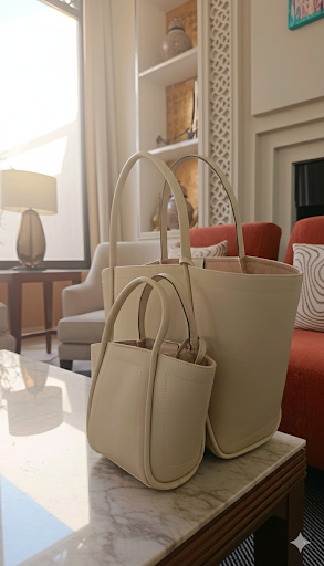 "Sac Mina petit et grand format en cuir beige crème – ambiance hôtel de luxe – Galerie Mellah"